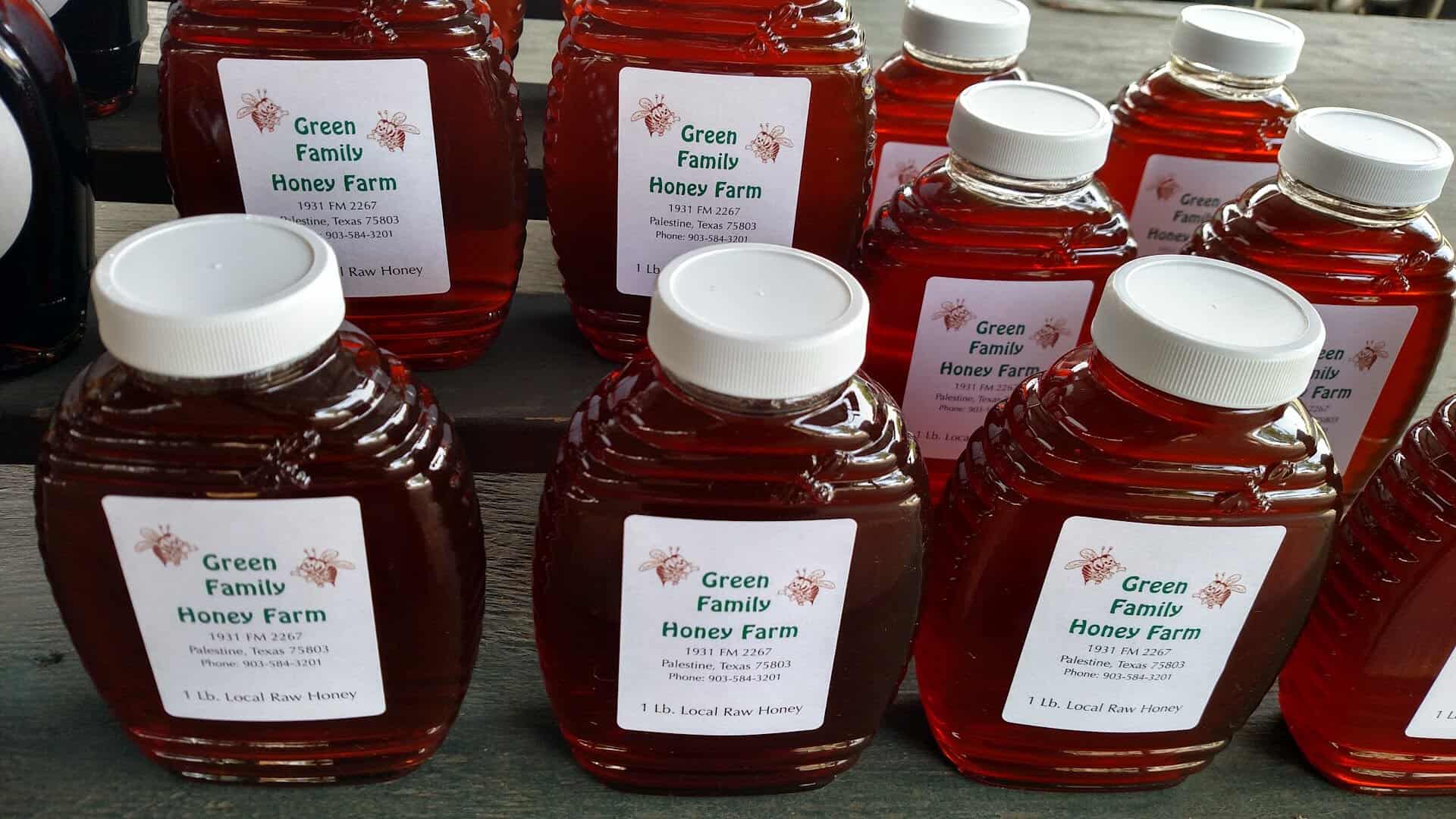 Jars of local honey at the Palestine Farmers Market