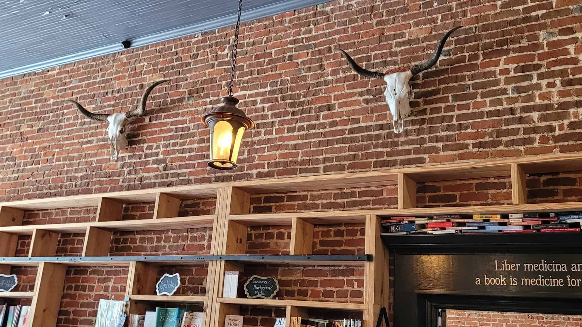 Longhorn skulls on the brick wall above bookshelves at The Painted Porch Bookshop in Bastrop, Texas