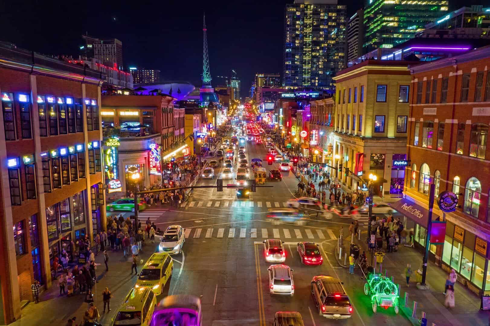 The neon honky-tonks of Lower Broadway at night, Nashville, Tennessee