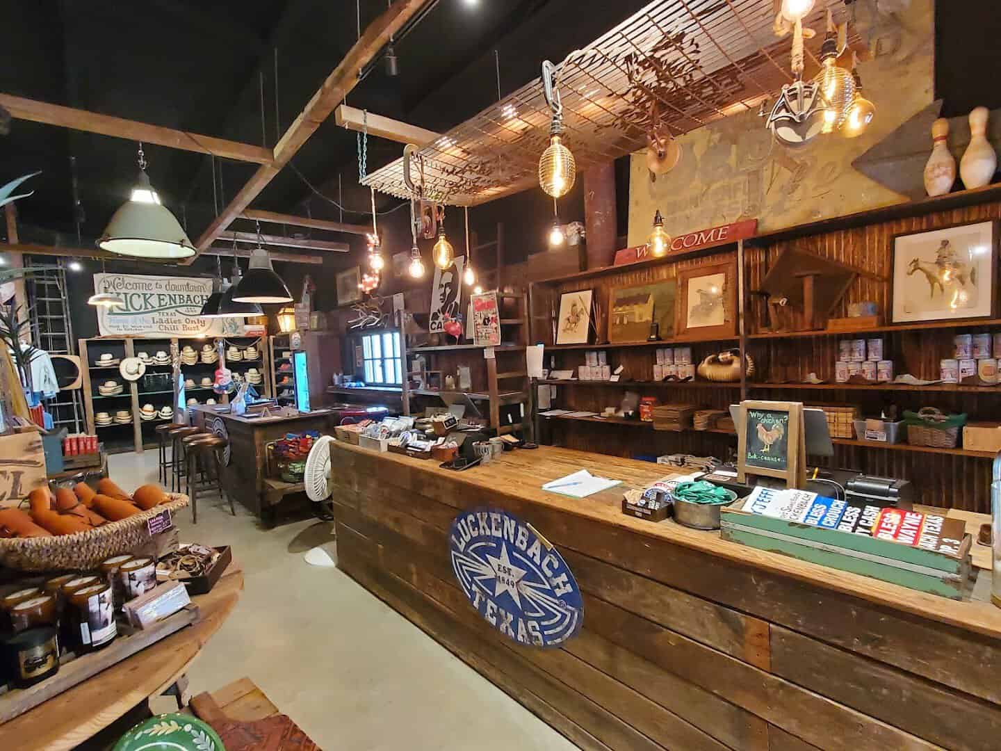 Inside the Luckenbach general store with its wooden counter and merchandise