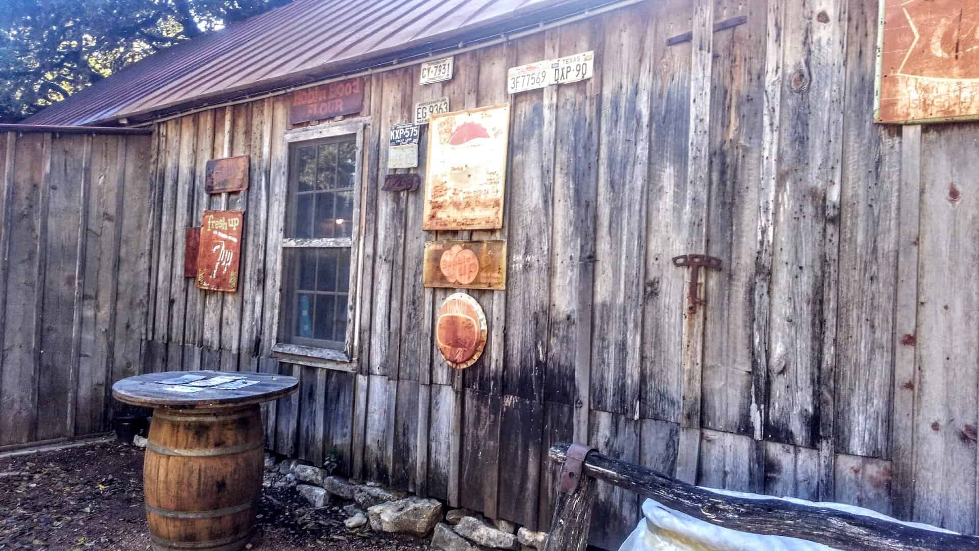 Weathered wood general store wall in Luckenbach, Texas