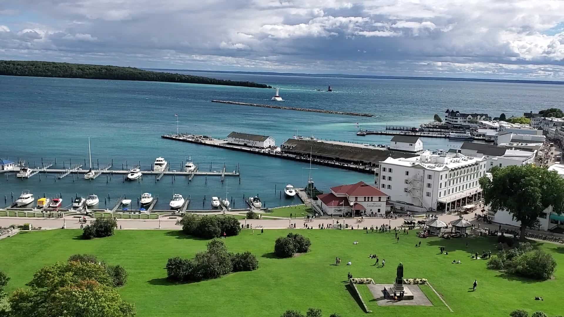 Downtown Mackinac Island harbor and marina on Lake Huron, Michigan