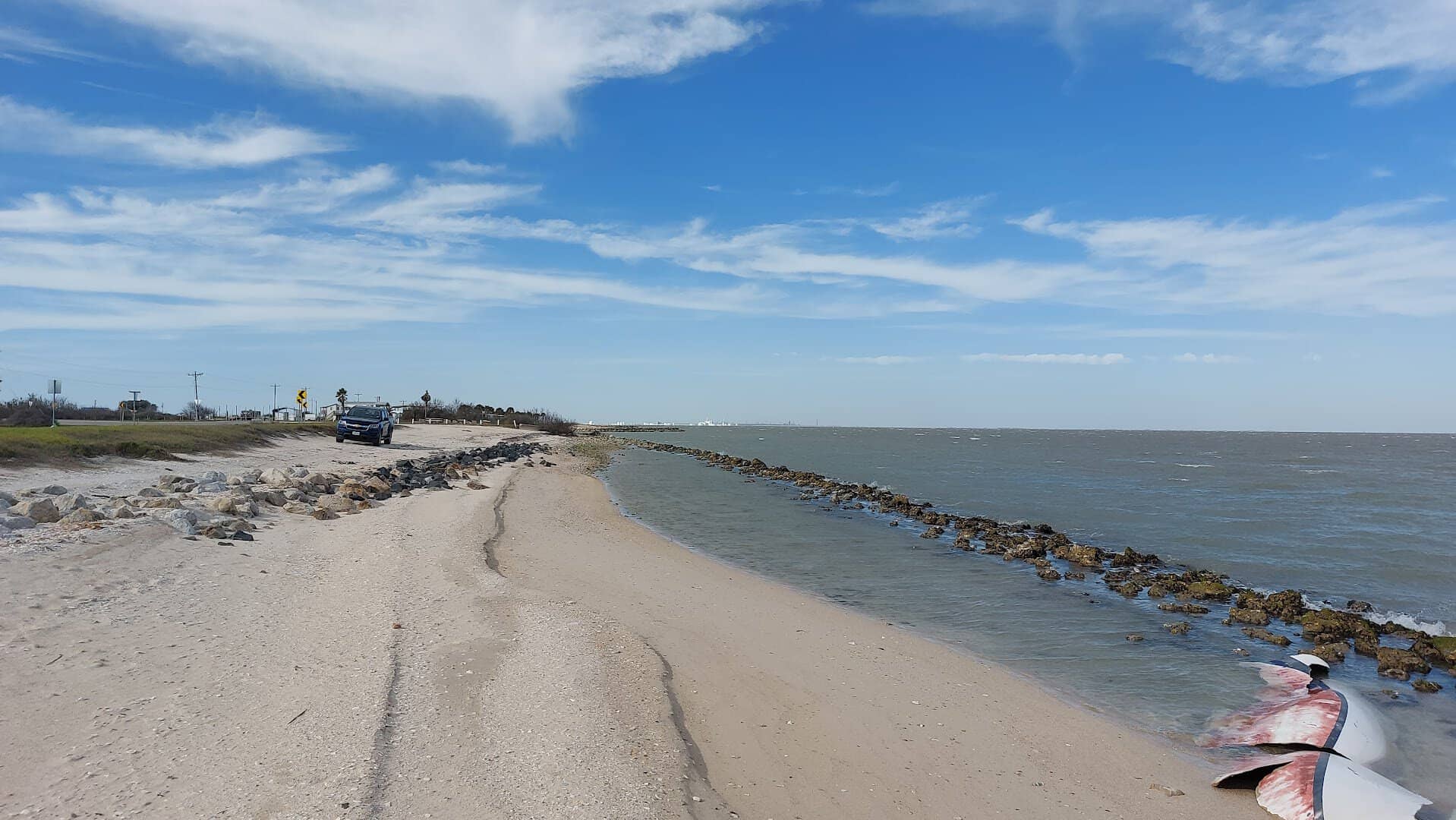 Crushed-shell shoreline you can drive right up to at Magnolia Beach near Port Lavaca, Texas