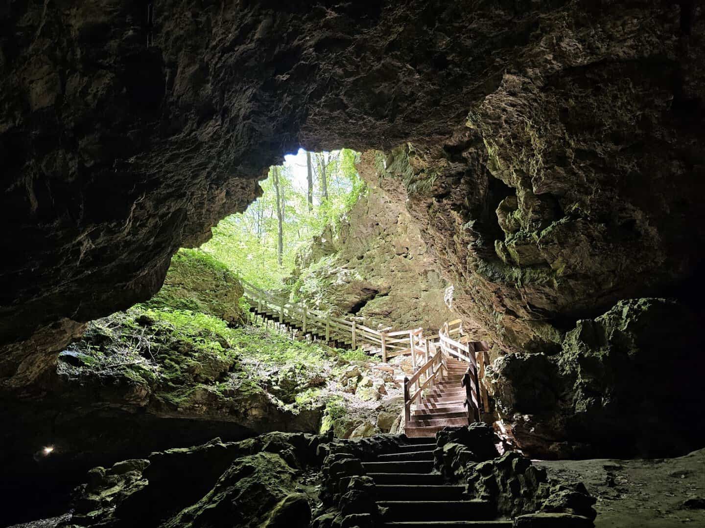 A cave entrance with stone steps at Maquoketa Caves State Park, Iowa