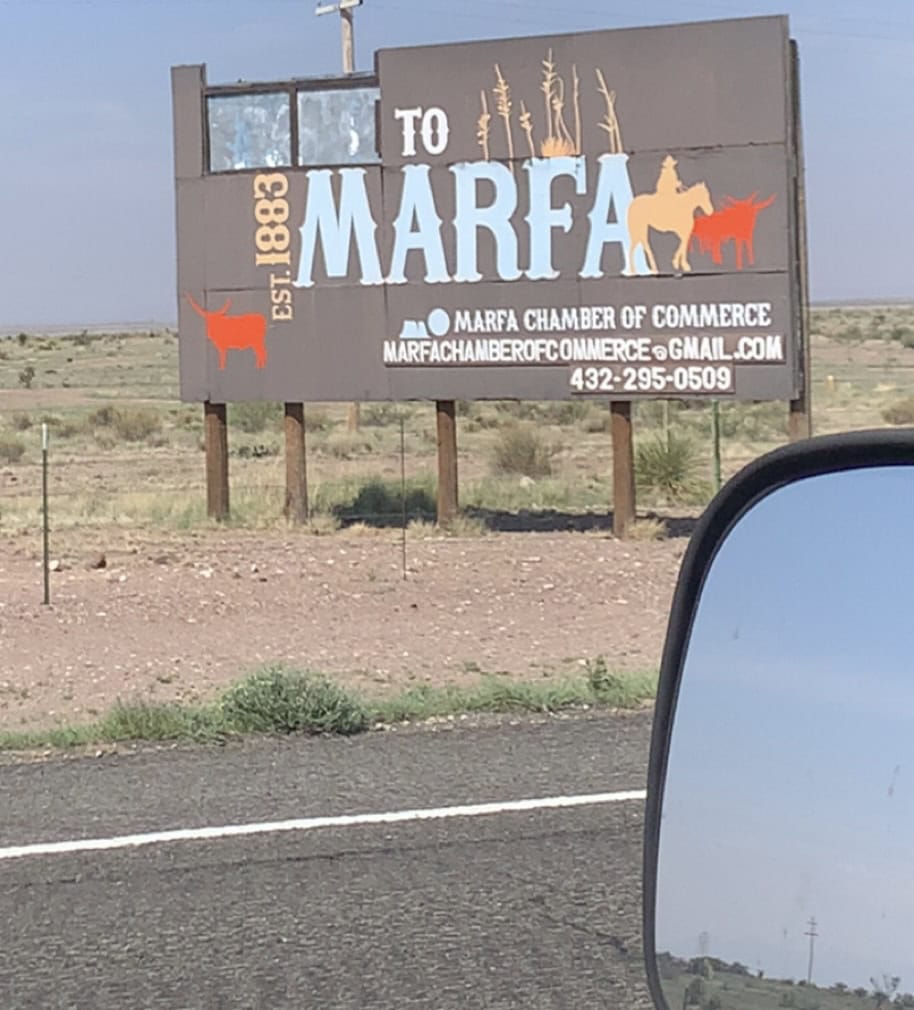 Roadside sign welcoming visitors to Marfa, established 1883