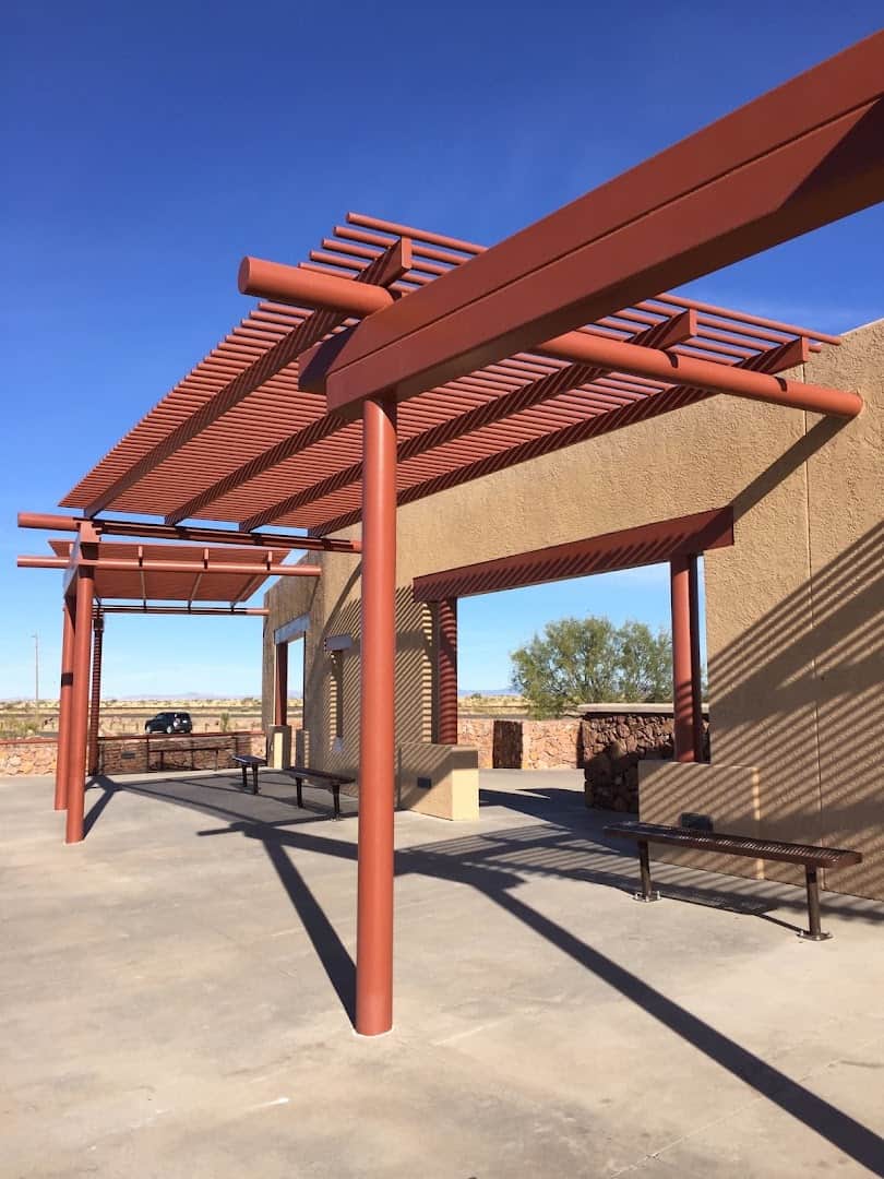 Shaded viewing pavilion with benches at the Marfa Mystery Lights Viewing Center
