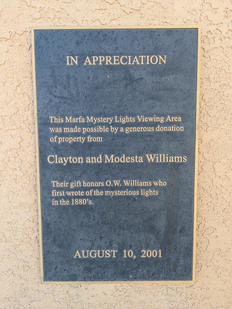 Dedication plaque at the Marfa Mystery Lights Viewing Area honoring Clayton and Modesta Williams