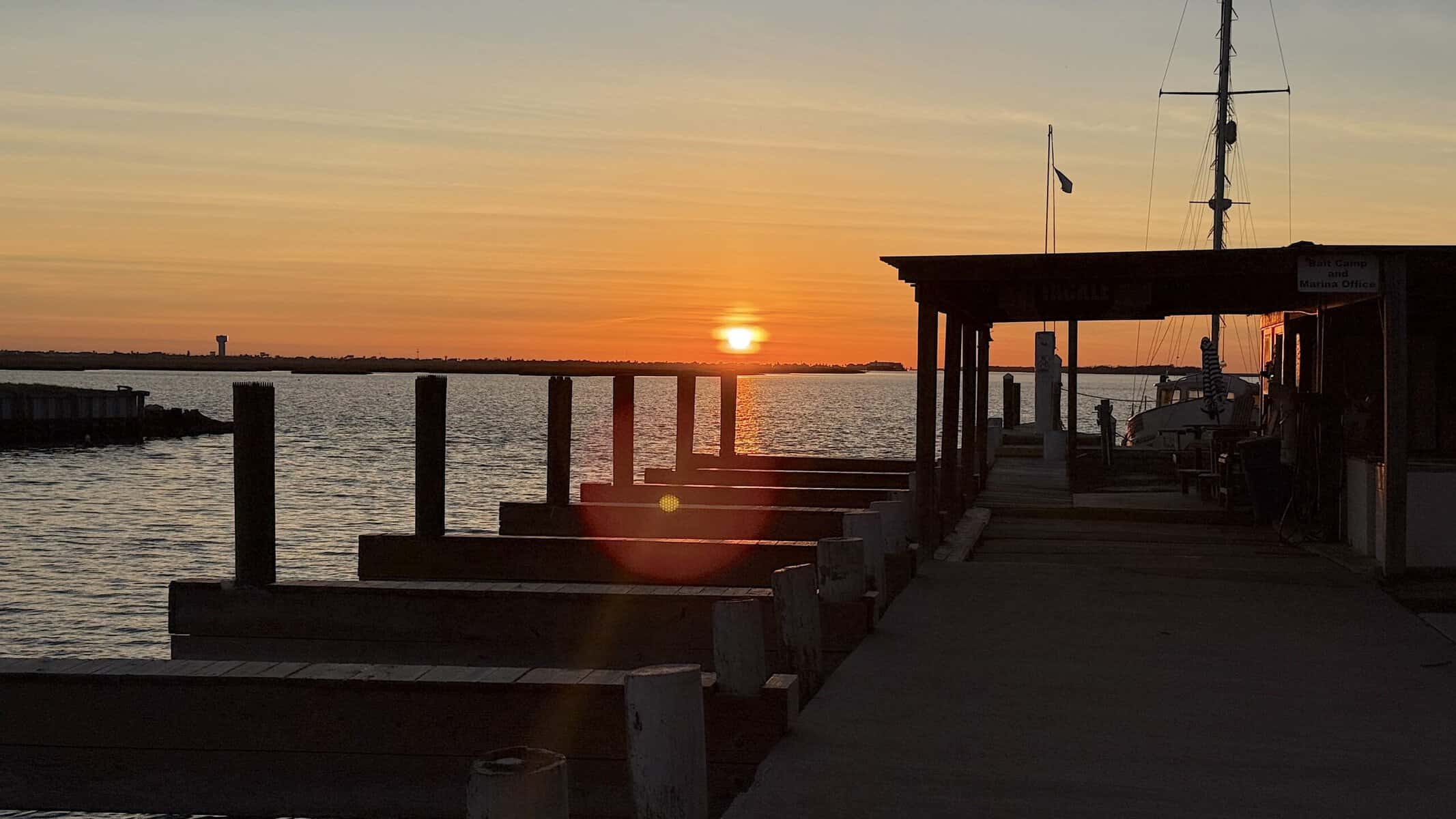 The marina docks at sunset at Stingaree Restaurant and Marina in Crystal Beach