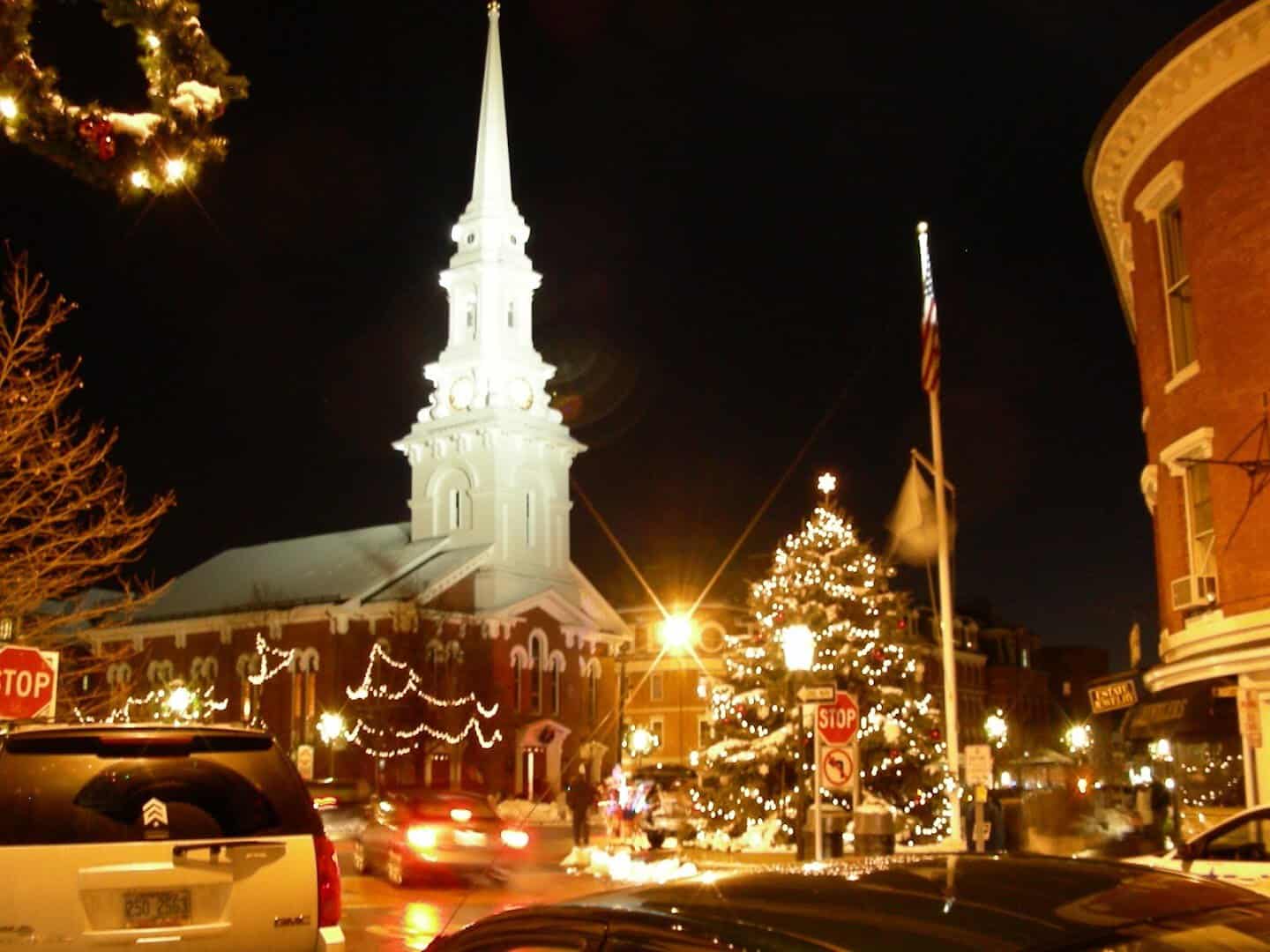 Market Square lit for the holidays with the North Church steeple and a decorated Christmas tree, Portsmouth, New Hampshire