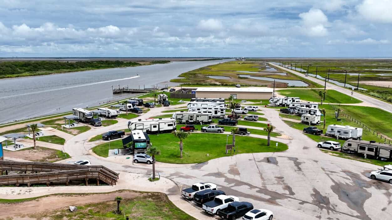 Aerial view of the RV campground and road at Matagorda Bay Nature Park, Texas