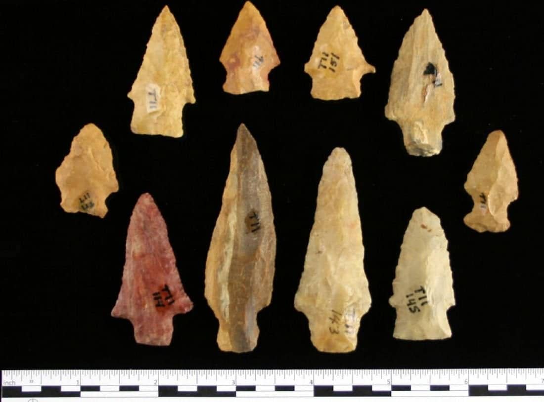 Ancient Clovis points and stone tools of the kind that wash ashore at McFaddin Beach near Sabine Pass, Texas