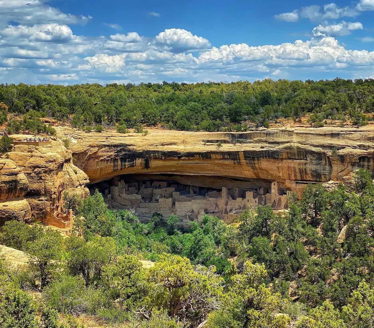 Wide view of an Ancestral Puebloan cliff dwelling in its alcove at Mesa Verde National Park, Colorado