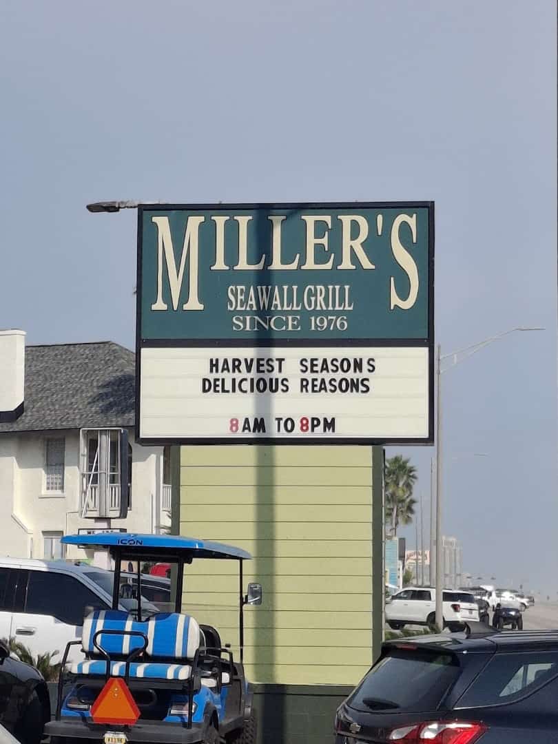 Miller's Seawall Grill sign, serving since 1976, in Galveston, Texas