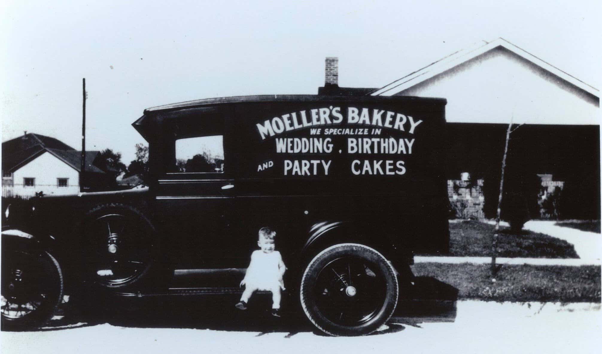 Moeller's Bakery original 1930s delivery truck in a vintage photo