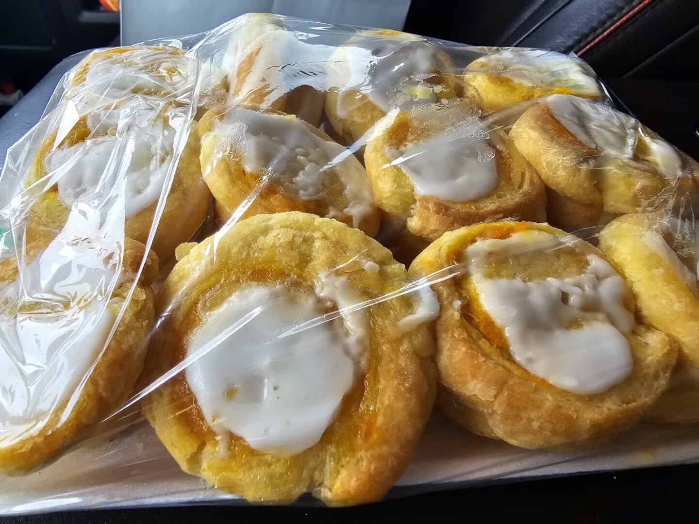 Fresh glazed orange rolls from Moeller's Bakery in Houston