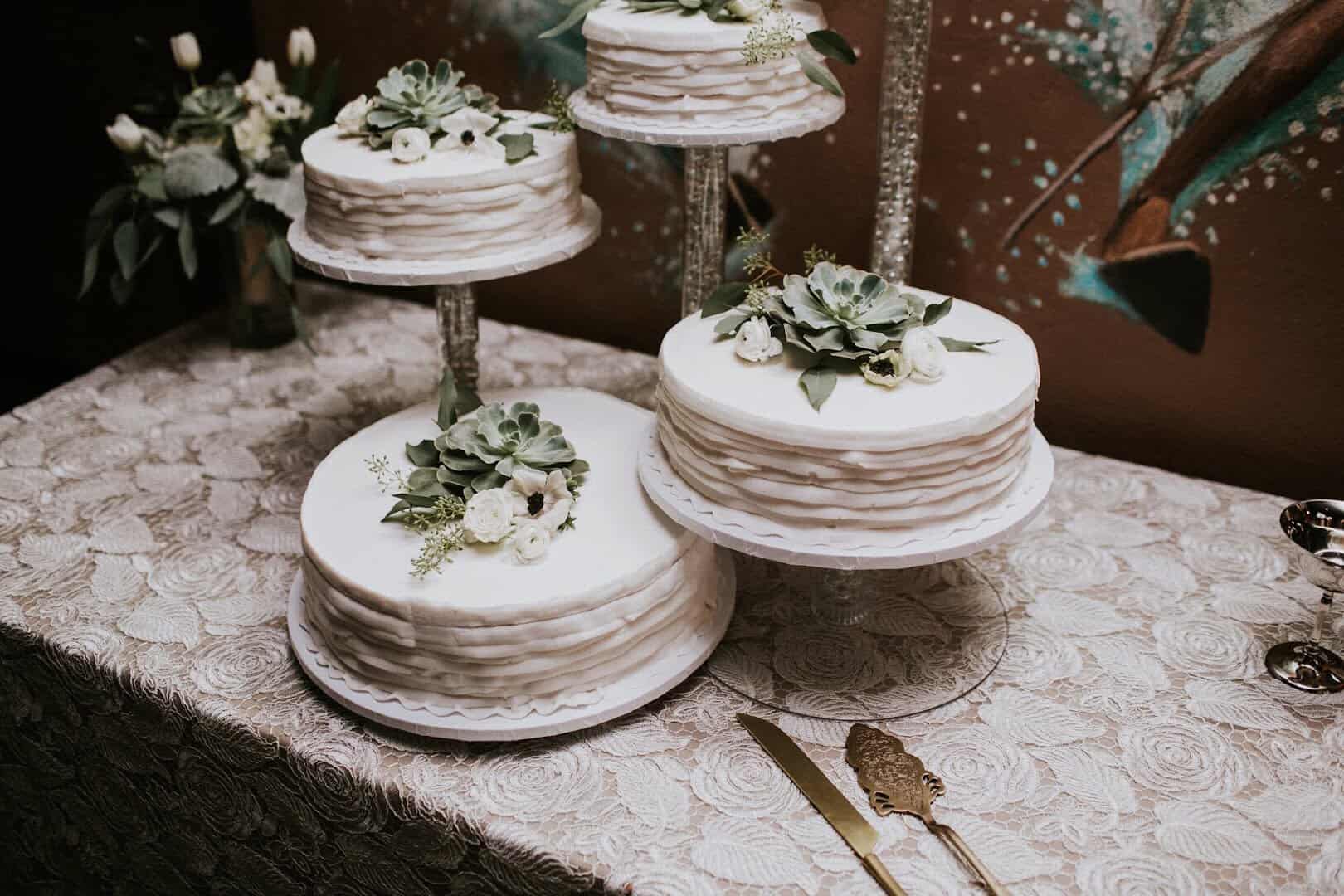 White tiered wedding cakes at Moeller's Bakery in Houston