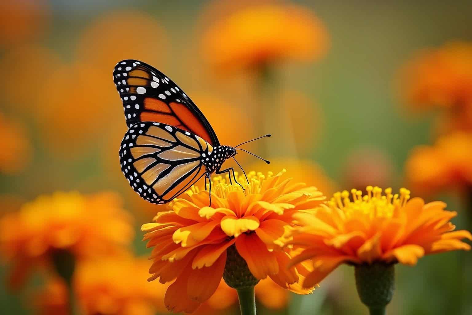 Monarch butterfly on an orange zinnia at Wildseed Farms
