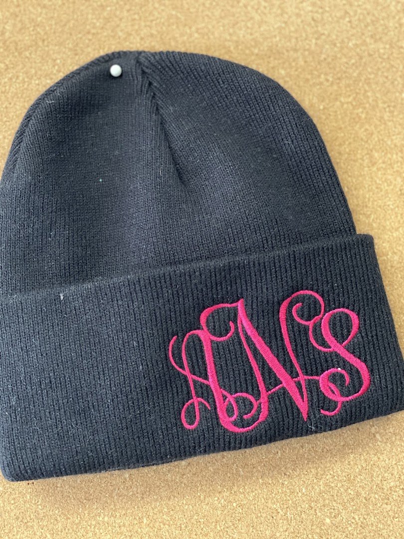 Navy beanie with custom monogram embroidery at The Sparkly Elephant Sewing Lounge