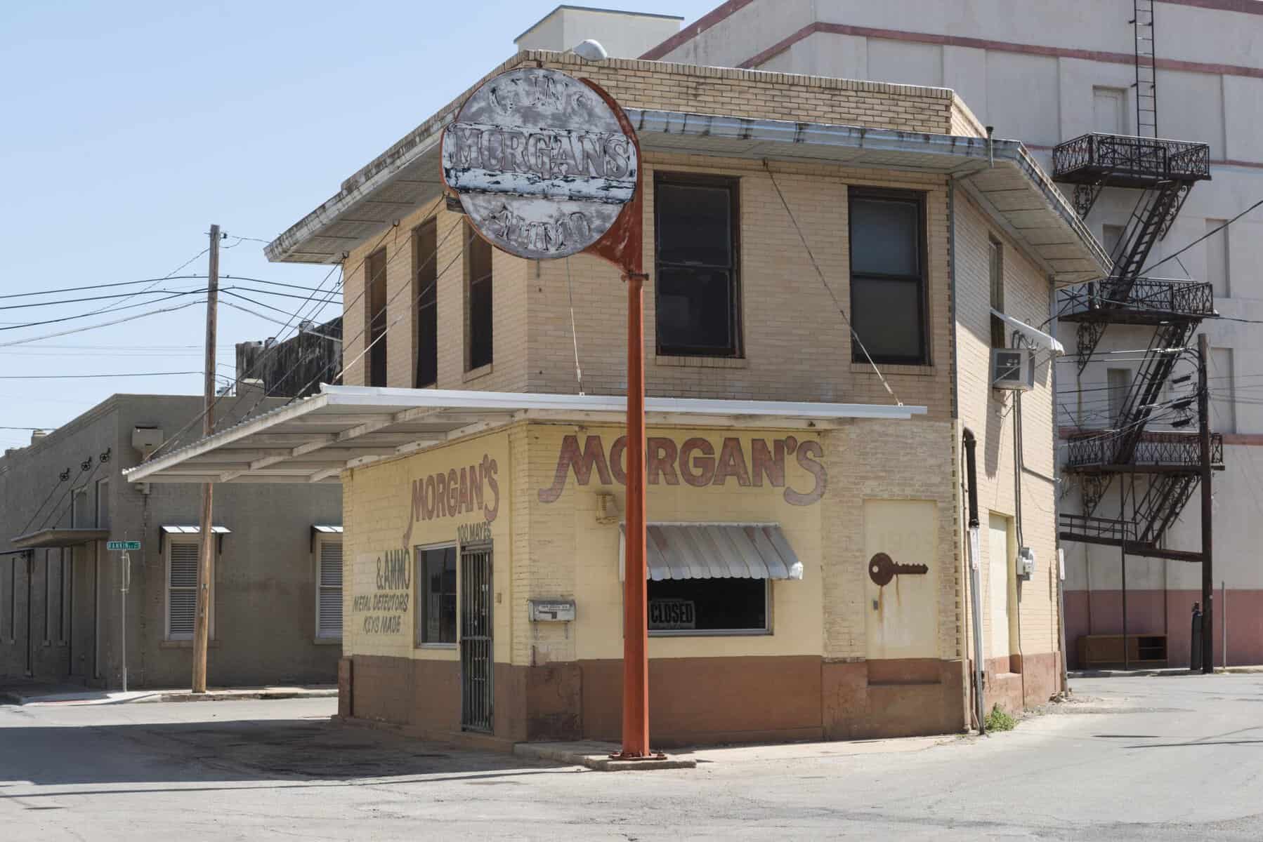 Historic Morgan's Guns and Ammo corner storefront in downtown Brownwood, Texas