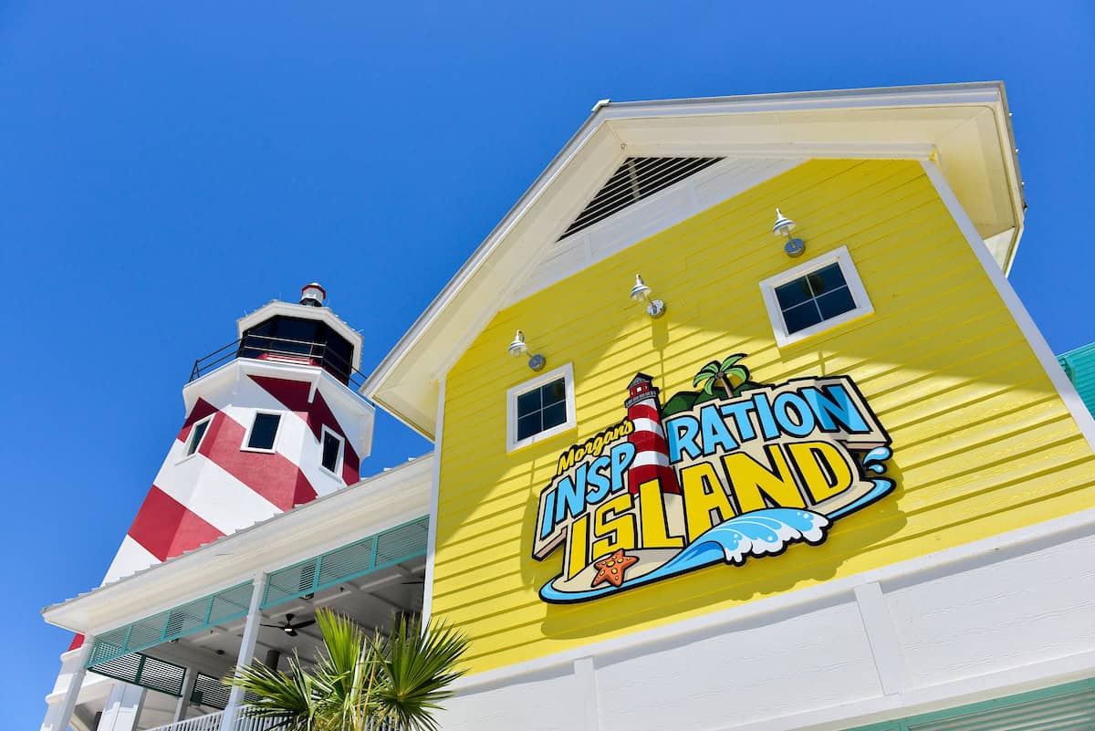 Lighthouse and sign at Morgan's Inspiration Island water park in San Antonio