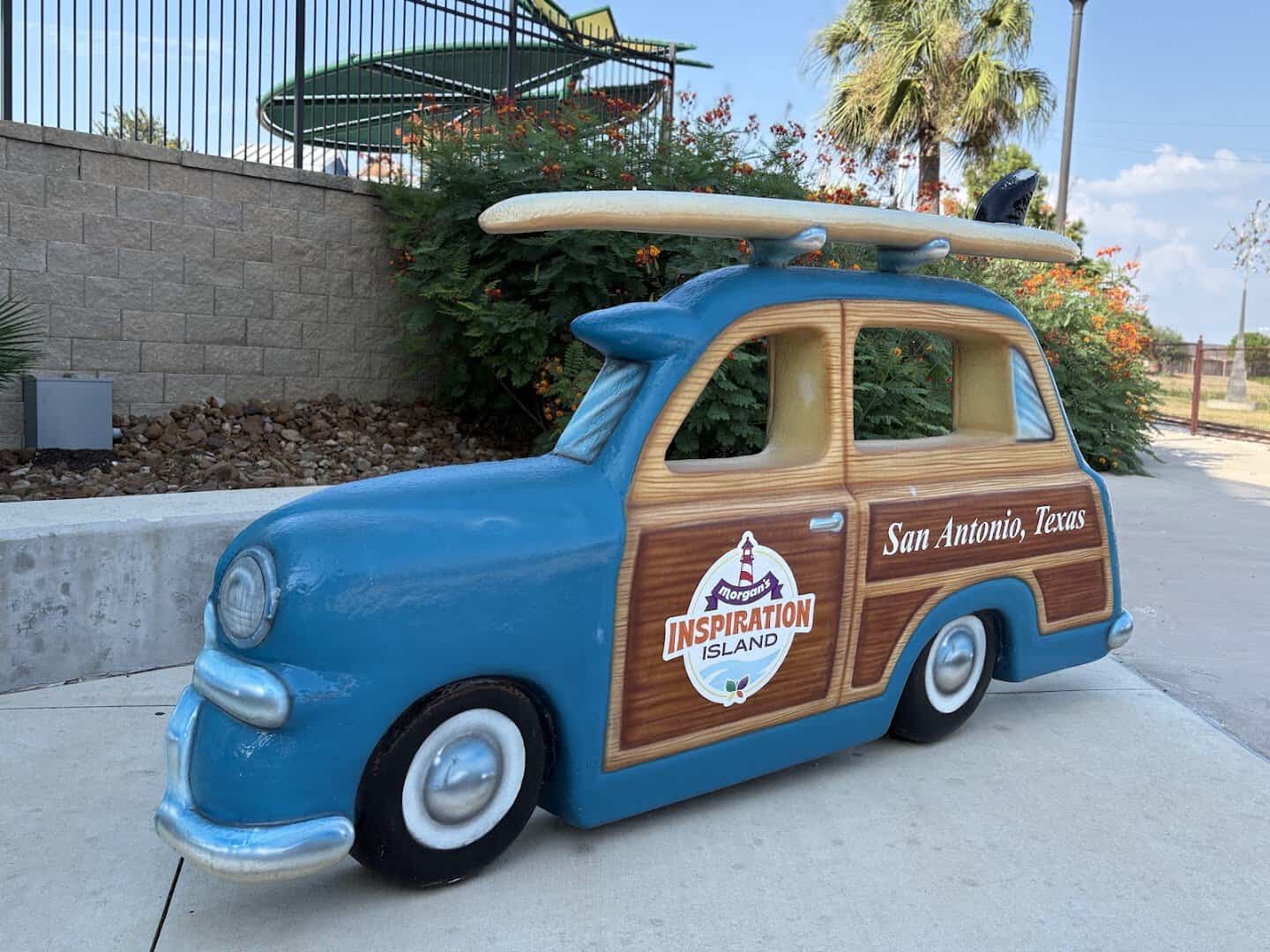 Woody car photo prop at the entrance to Morgans Inspiration Island water park in San Antonio