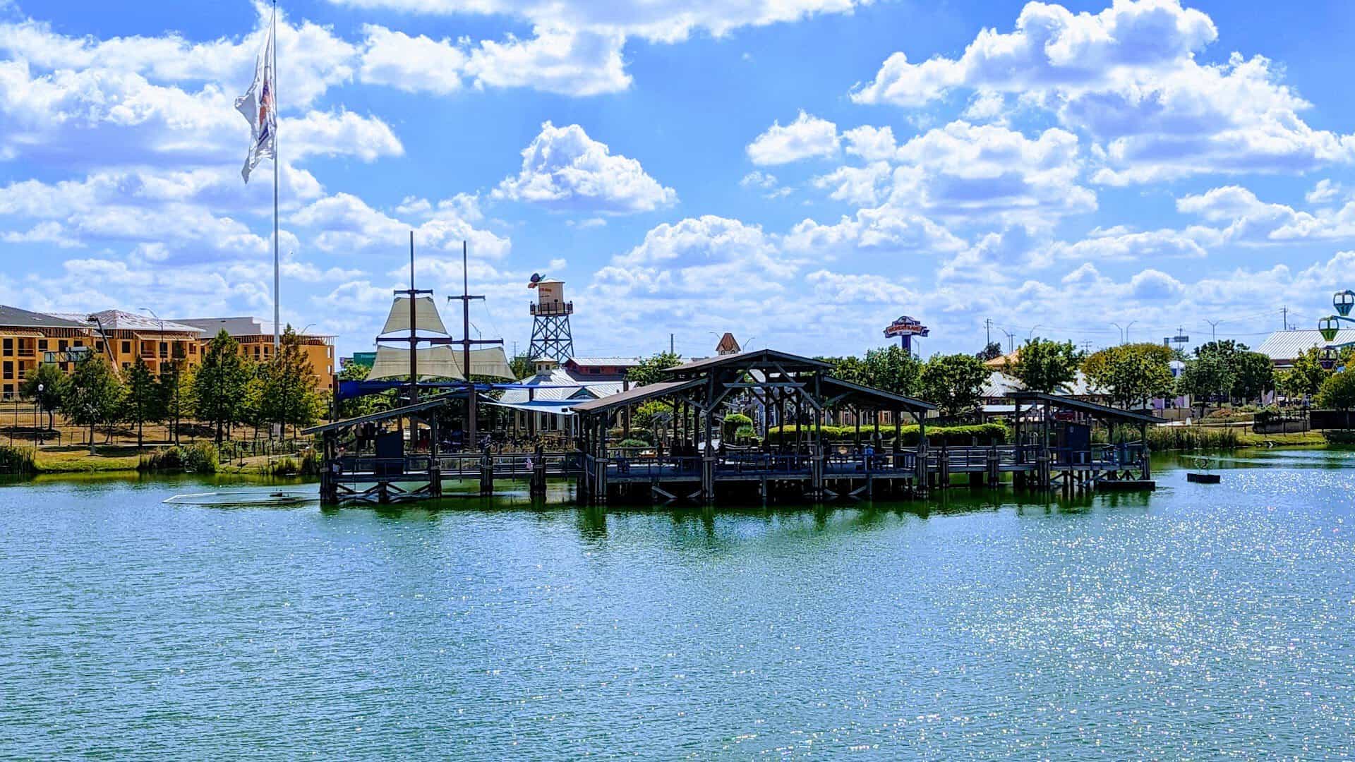 Covered fishing piers on the catch and release lake at Morgan's Wonderland in San Antonio