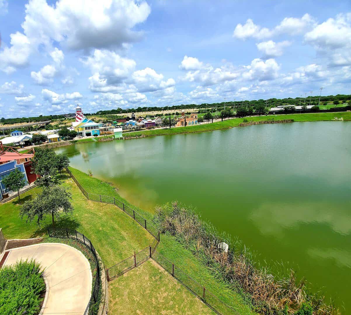 Aerial view of the lake and grounds at Morgans Wonderland in San Antonio