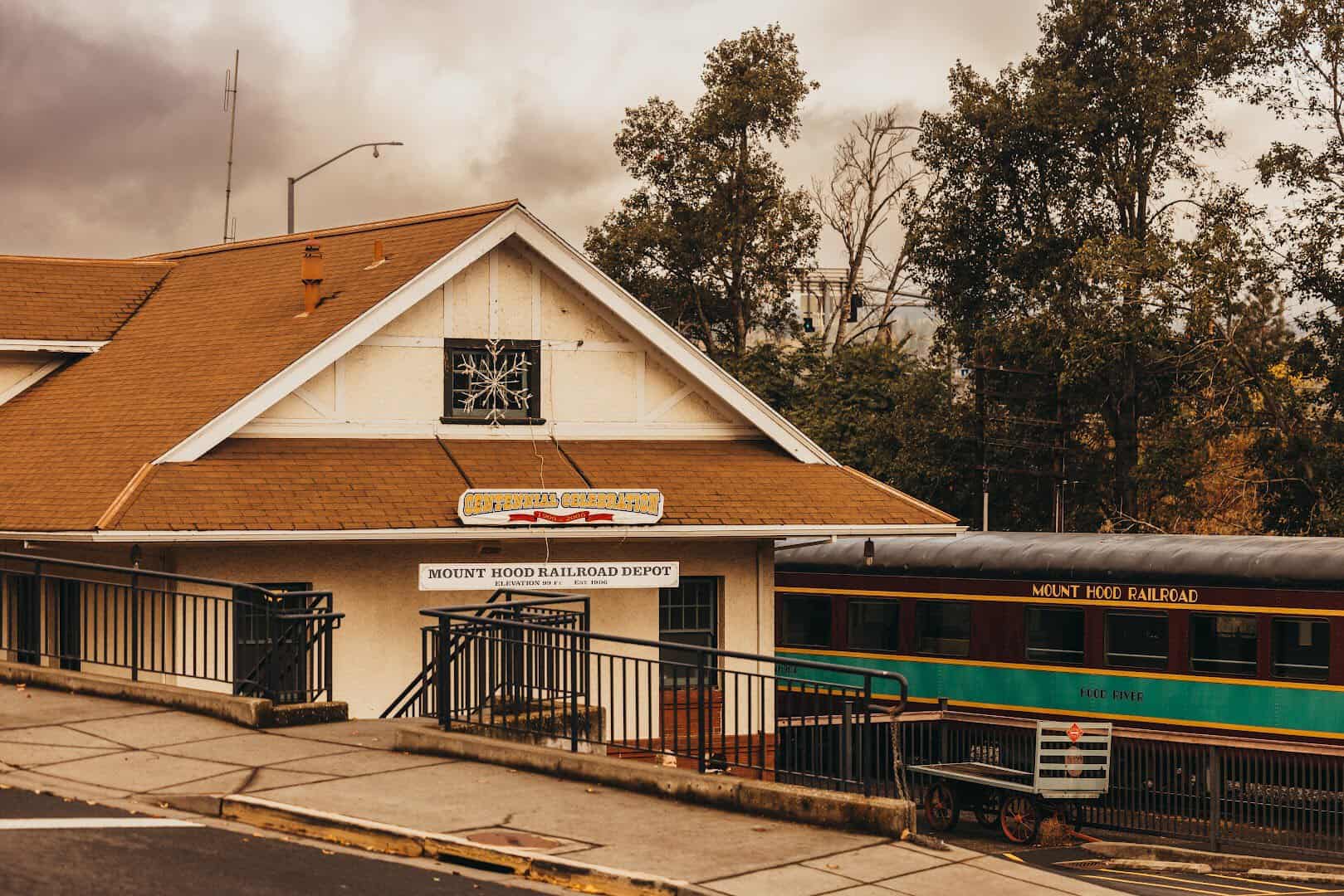 Mount Hood Railroad depot and train car in autumn, Hood River, Oregon