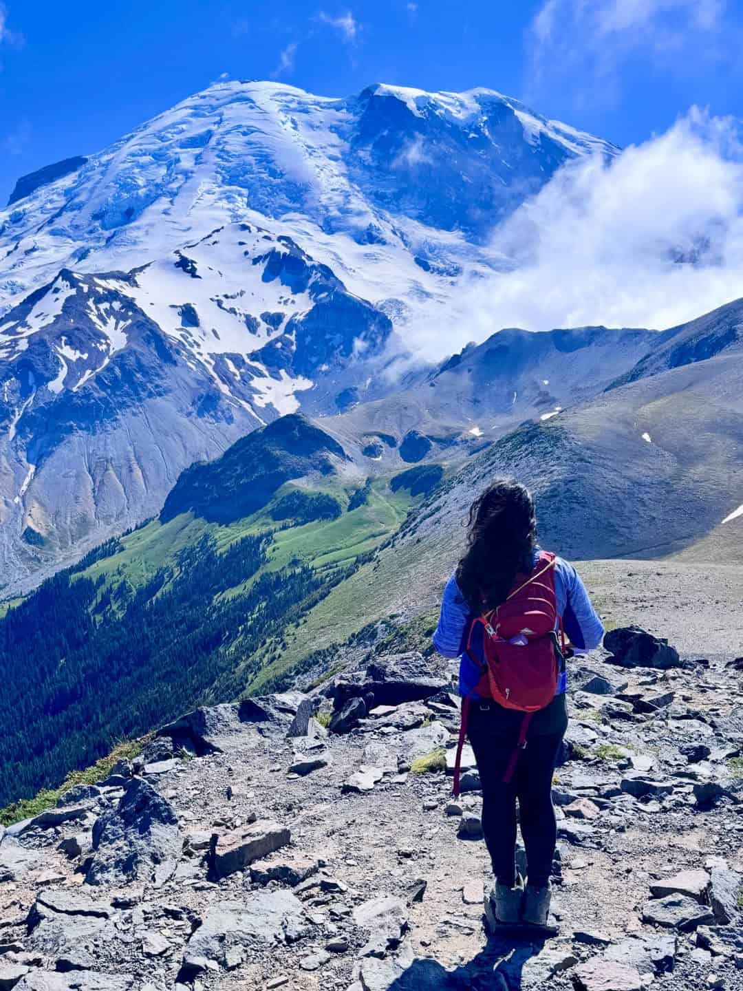 Snow-capped Mount Rainier above an alpine trail, Washington
