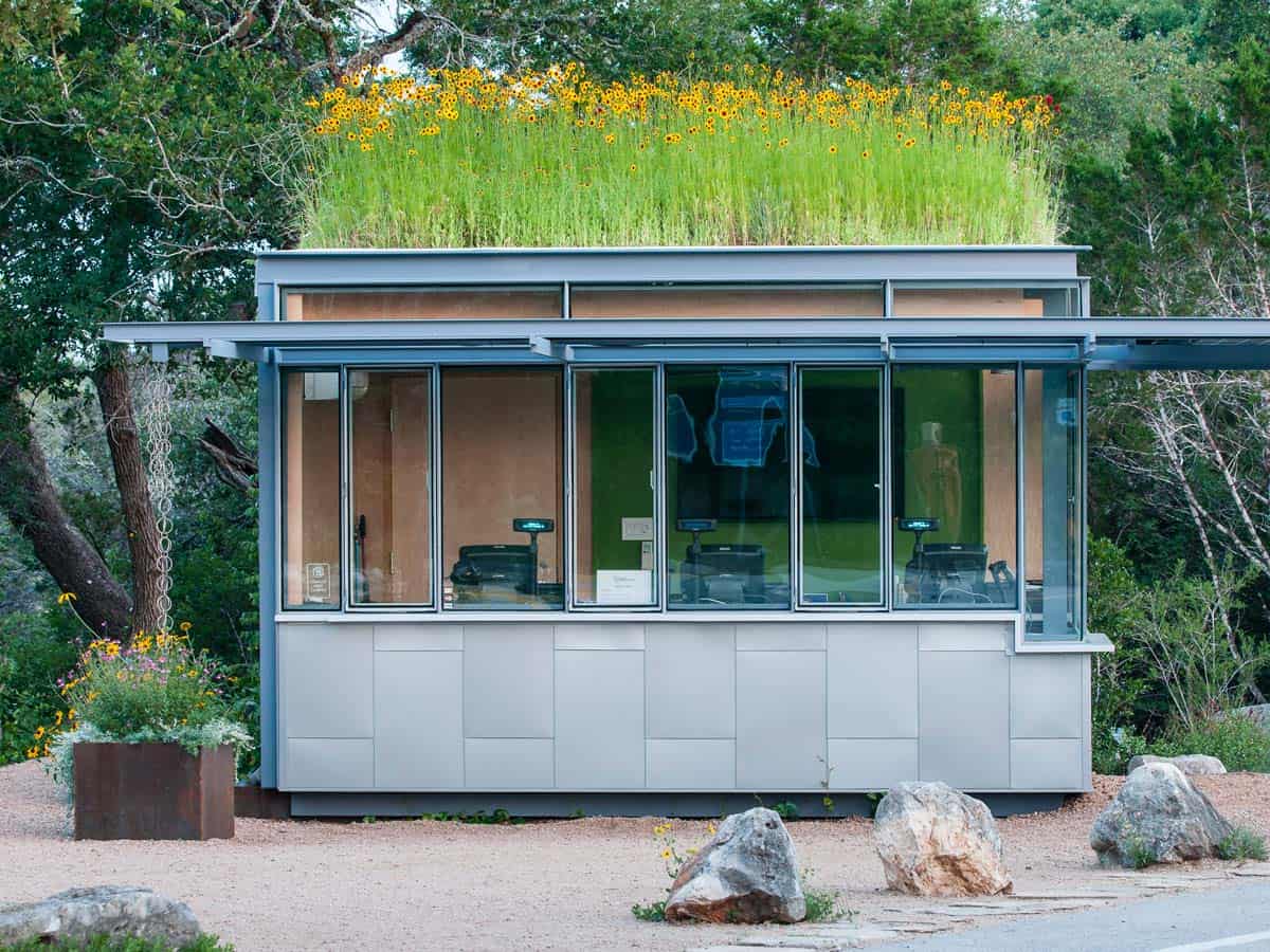 Building with a native green roof at the Lady Bird Johnson Wildflower Center in Austin