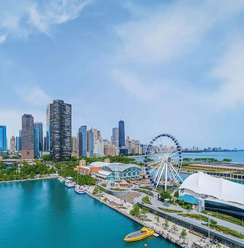 Navy Pier with its Ferris wheel and the Chicago skyline, Chicago, Illinois