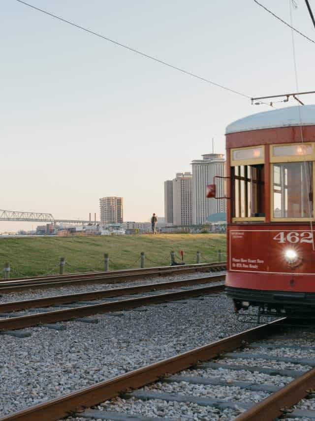 Historic red streetcar on its tracks, New Orleans, Louisiana