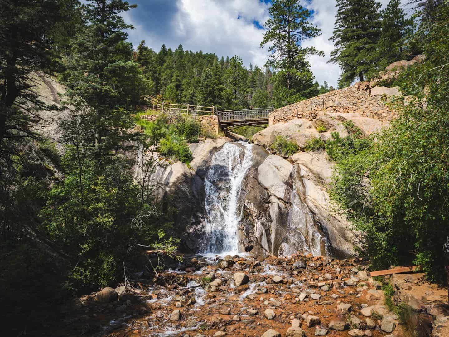 Helen Hunt Falls and its footbridge in North Cheyenne Canon Park, Colorado Springs, Colorado