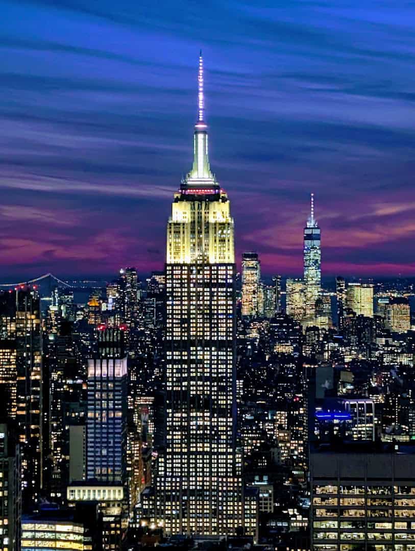 The Empire State Building and Manhattan skyline at dusk from Top of the Rock, New York City, New York