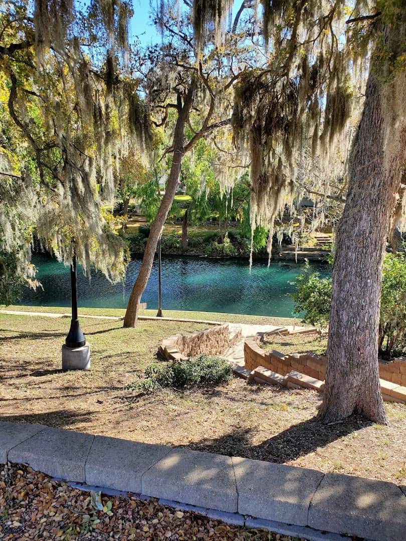 Shaded lawn under a large oak beside the Comal River at Hinman Island Park