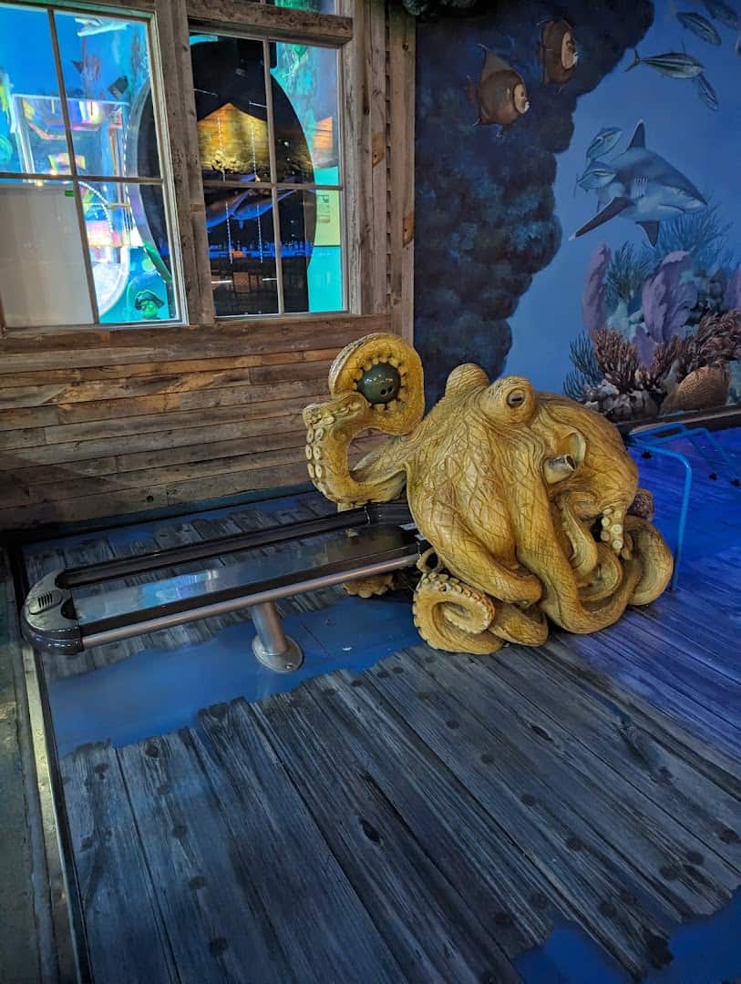 Octopus sculpture on the dock style bowling lane at Uncle Buck's Fishbowl and Grill in Round Rock