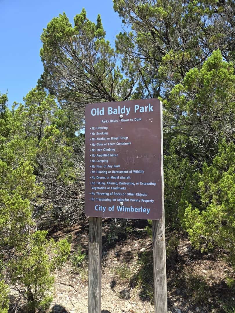 Old Baldy Park sign from the City of Wimberley at the trailhead