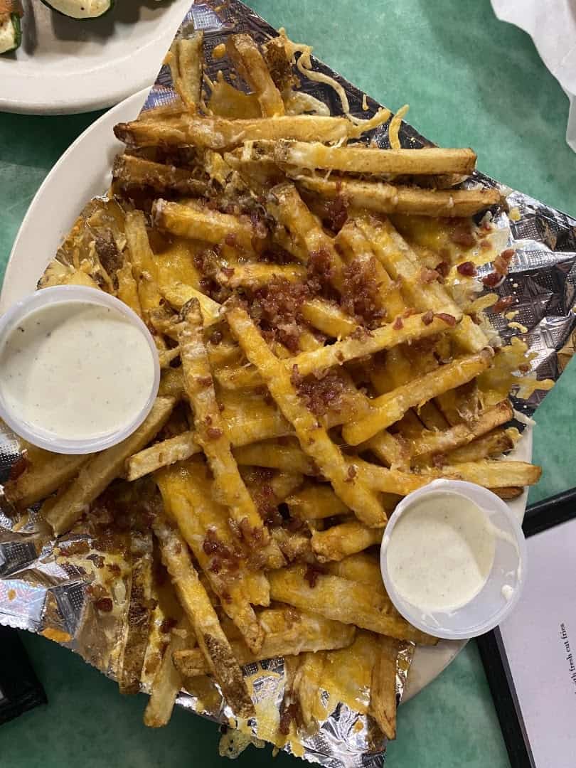 Loaded bacon and cheese fries at Mel's Diner in Mingus, Texas