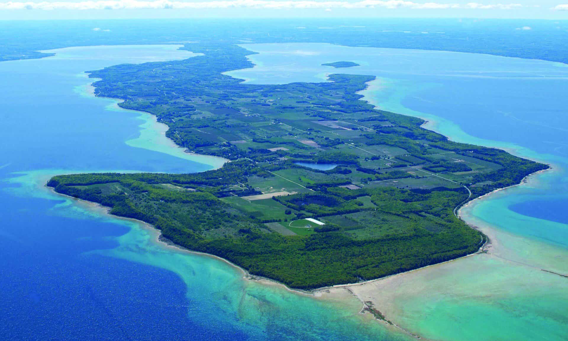 Aerial of Old Mission Peninsula in Grand Traverse Bay, Michigan