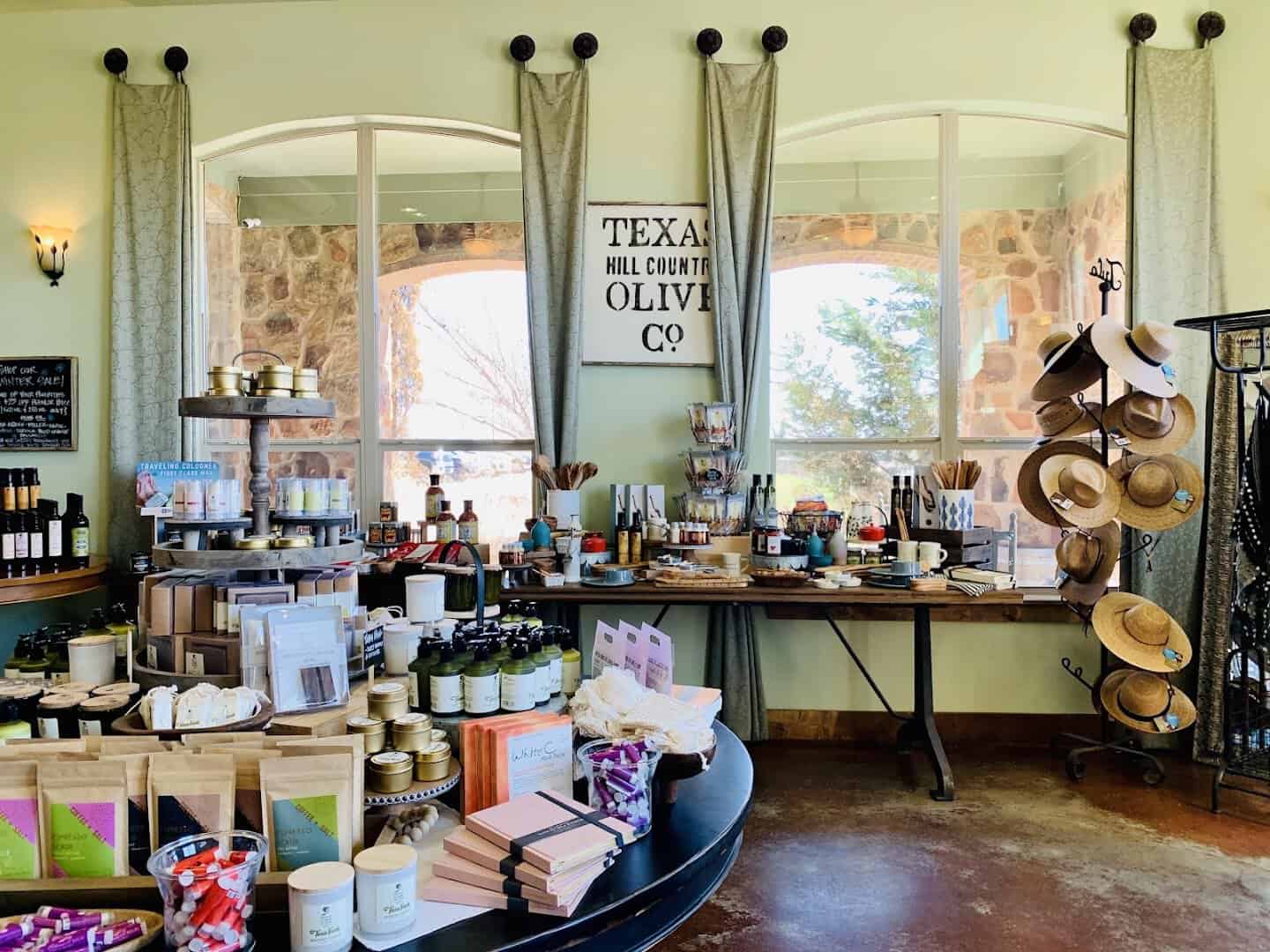 Gift shop and retail display at Texas Hill Country Olive Co.