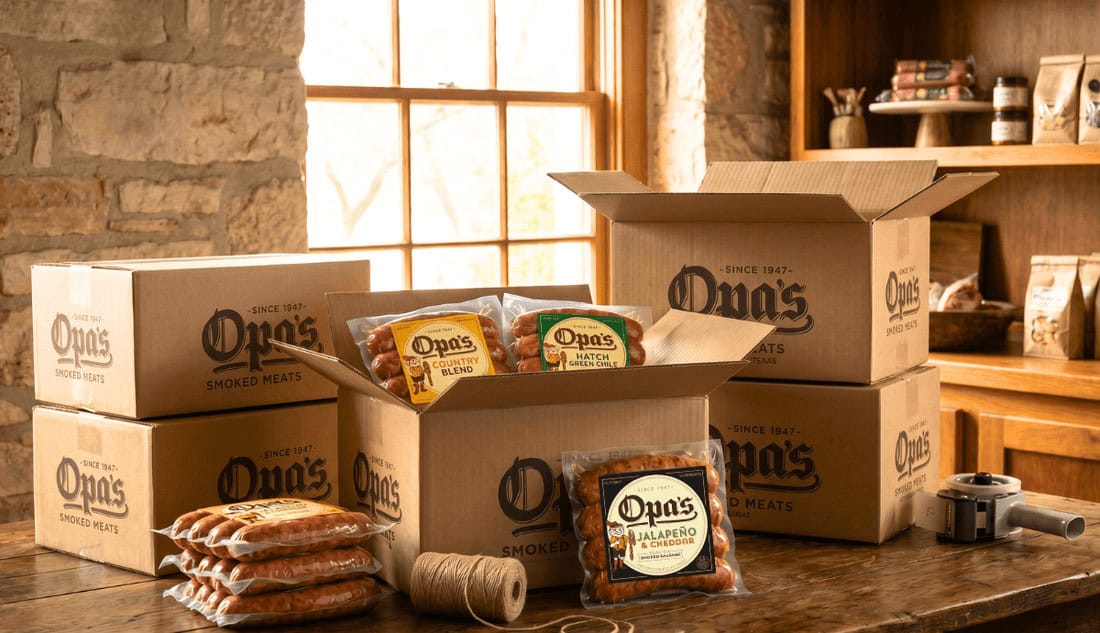 Opa's Smoked Meats shipping boxes ready to ship German sausage nationwide