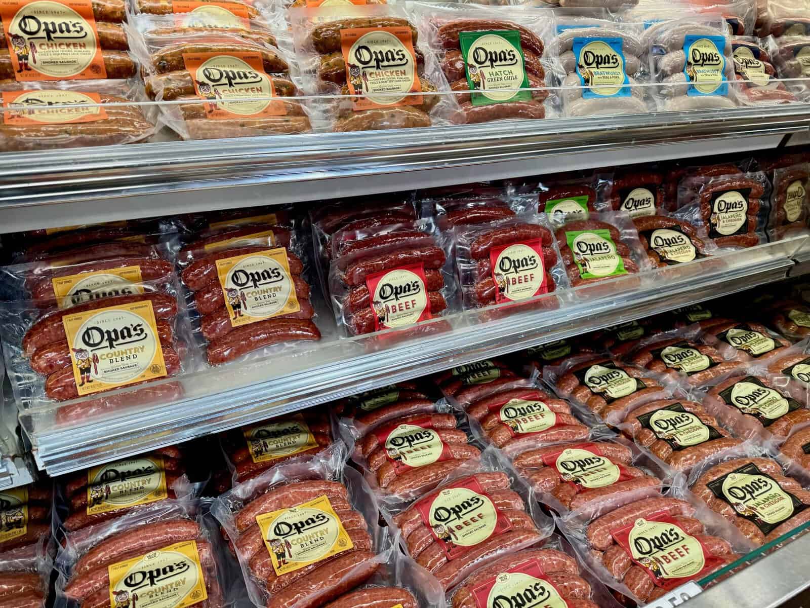 Opa's smoked sausage packages stocked on a Texas grocery store shelf