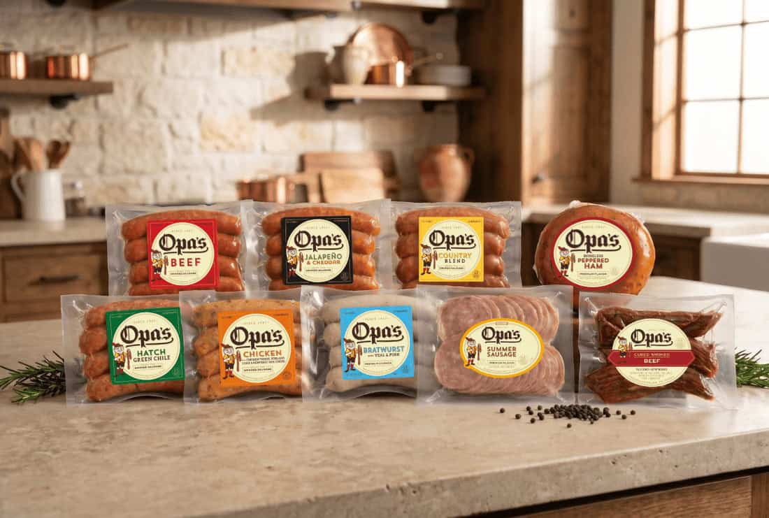 The full lineup of Opa's German smoked sausage varieties from Fredericksburg, Texas