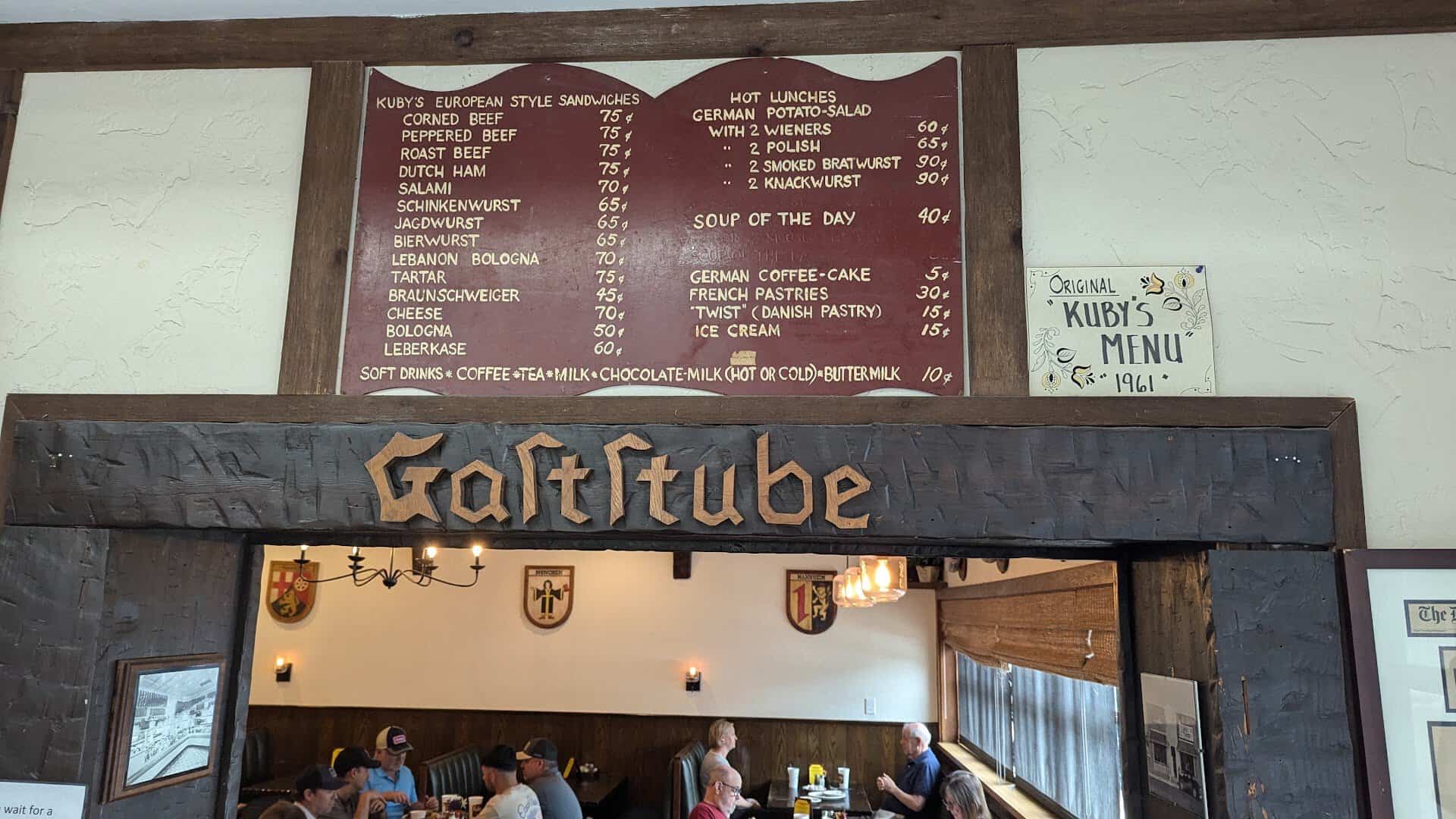 The original 1961 Kuby's menu board above the Gaststube dining room in Dallas
