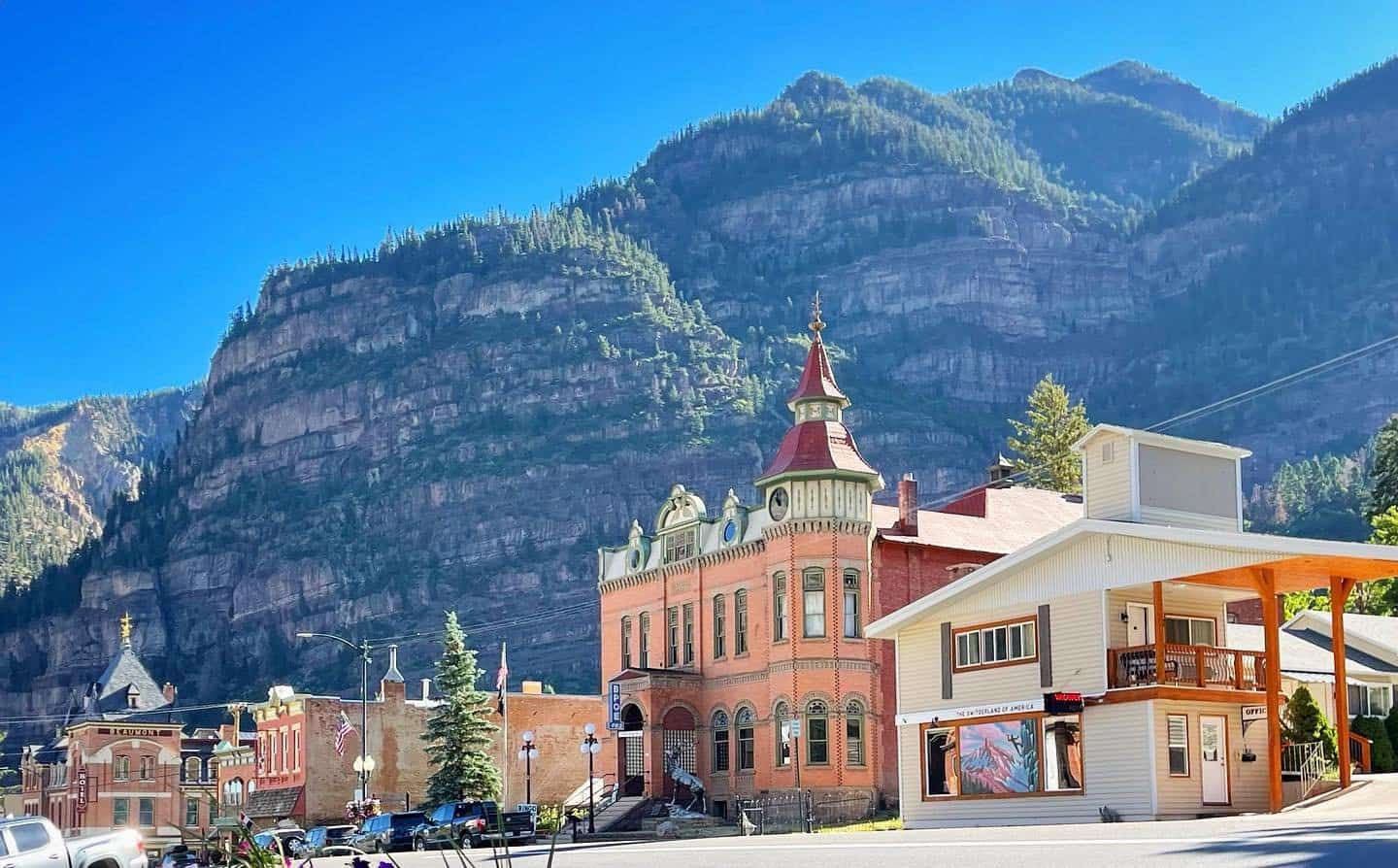 The historic town of Ouray beneath towering cliffs on the Million Dollar Highway, Colorado