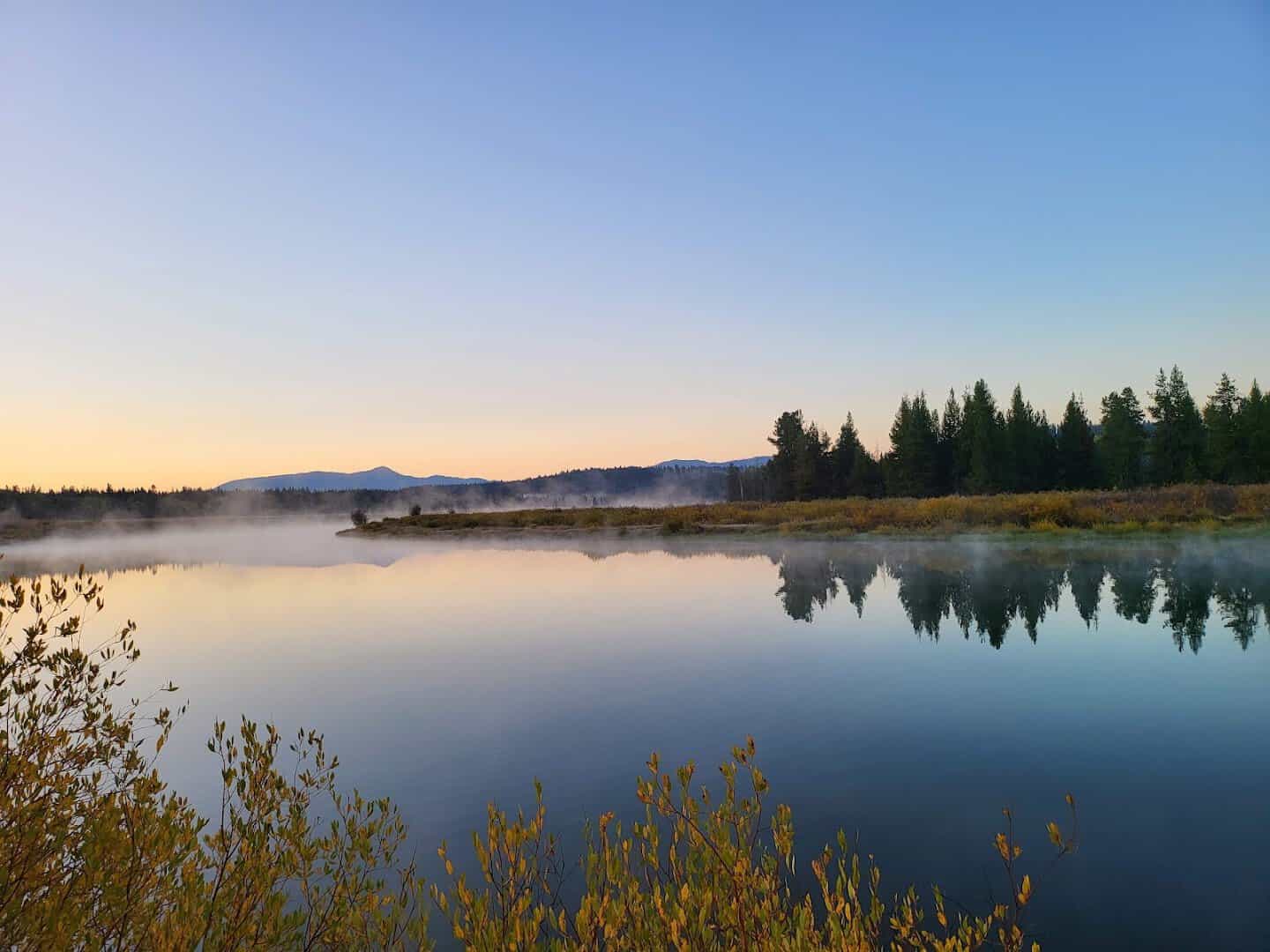 Misty autumn dawn with golden foliage at Oxbow Bend in Grand Teton National Park, Wyoming