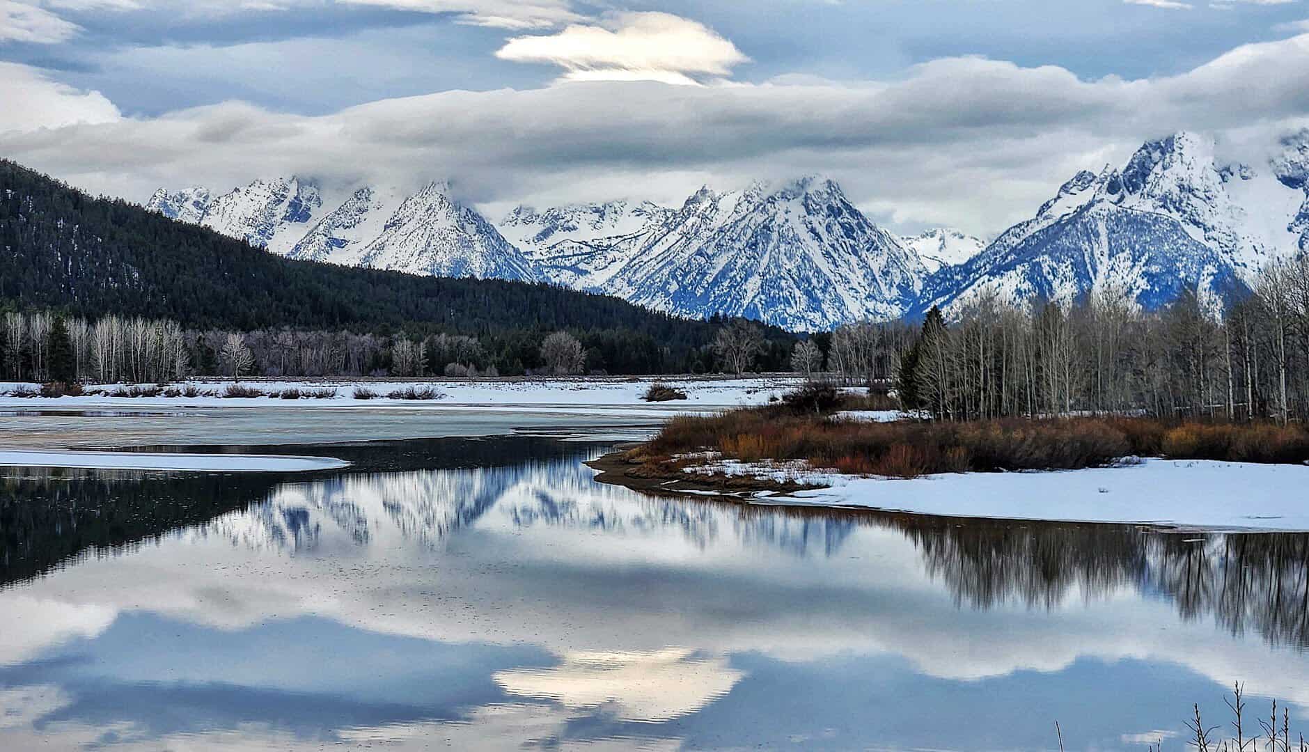 Mount Moran and the Teton Range reflected in the Snake River at Oxbow Bend, Wyoming