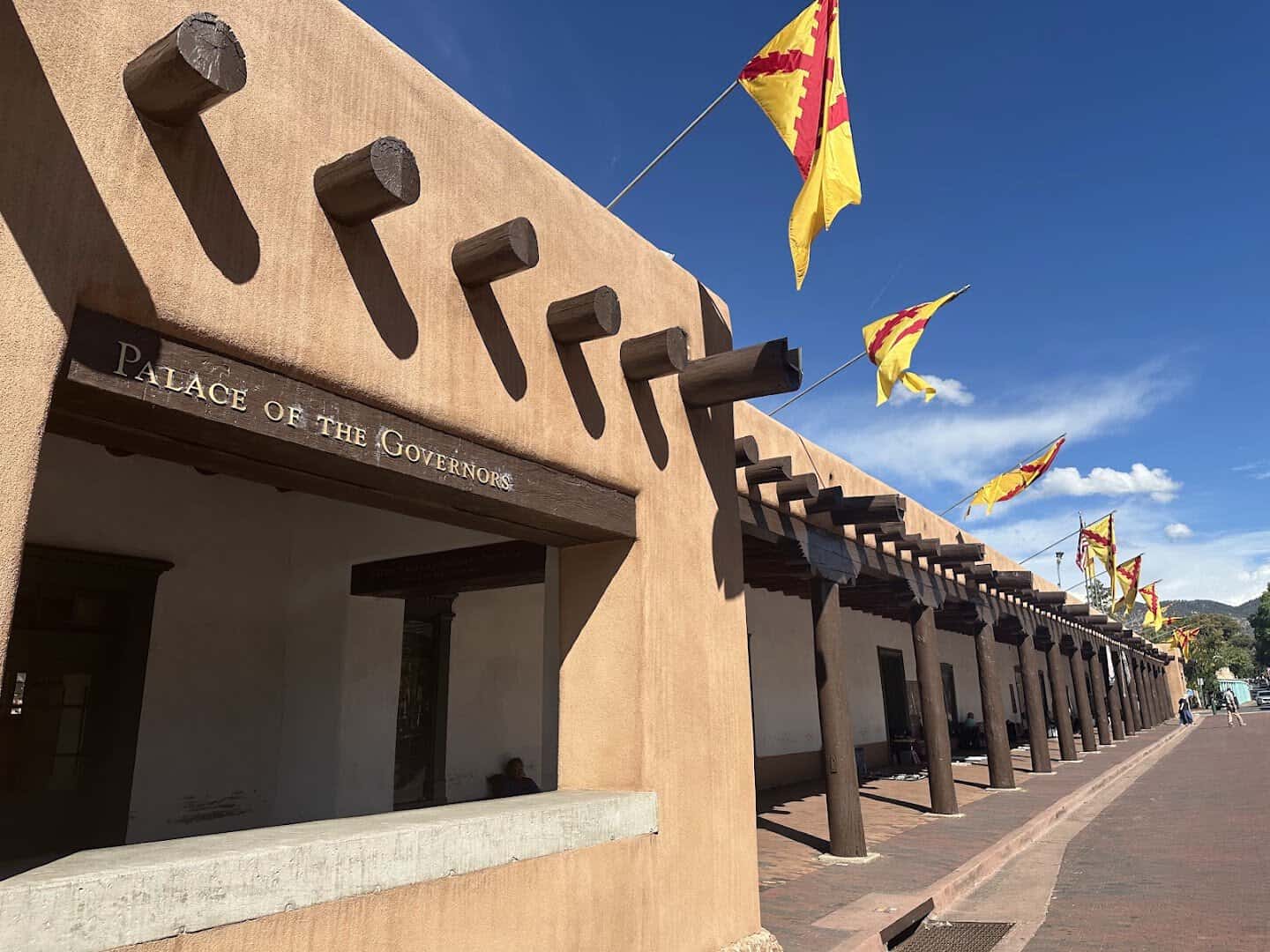 The adobe portal of the Palace of the Governors on the Plaza in Santa Fe, New Mexico