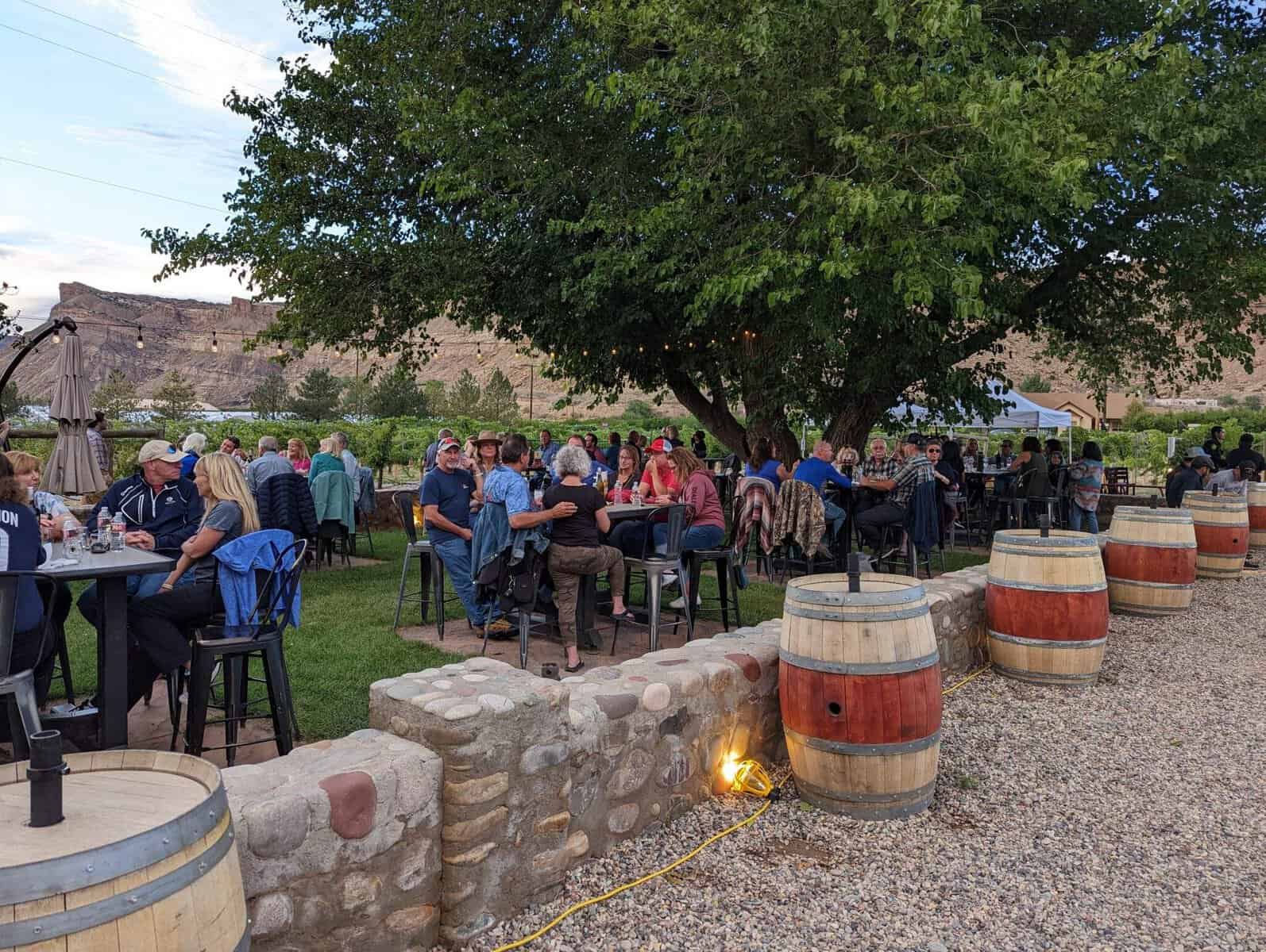 Guests at an outdoor gathering at Colterris Winery in Palisade, Colorado wine country