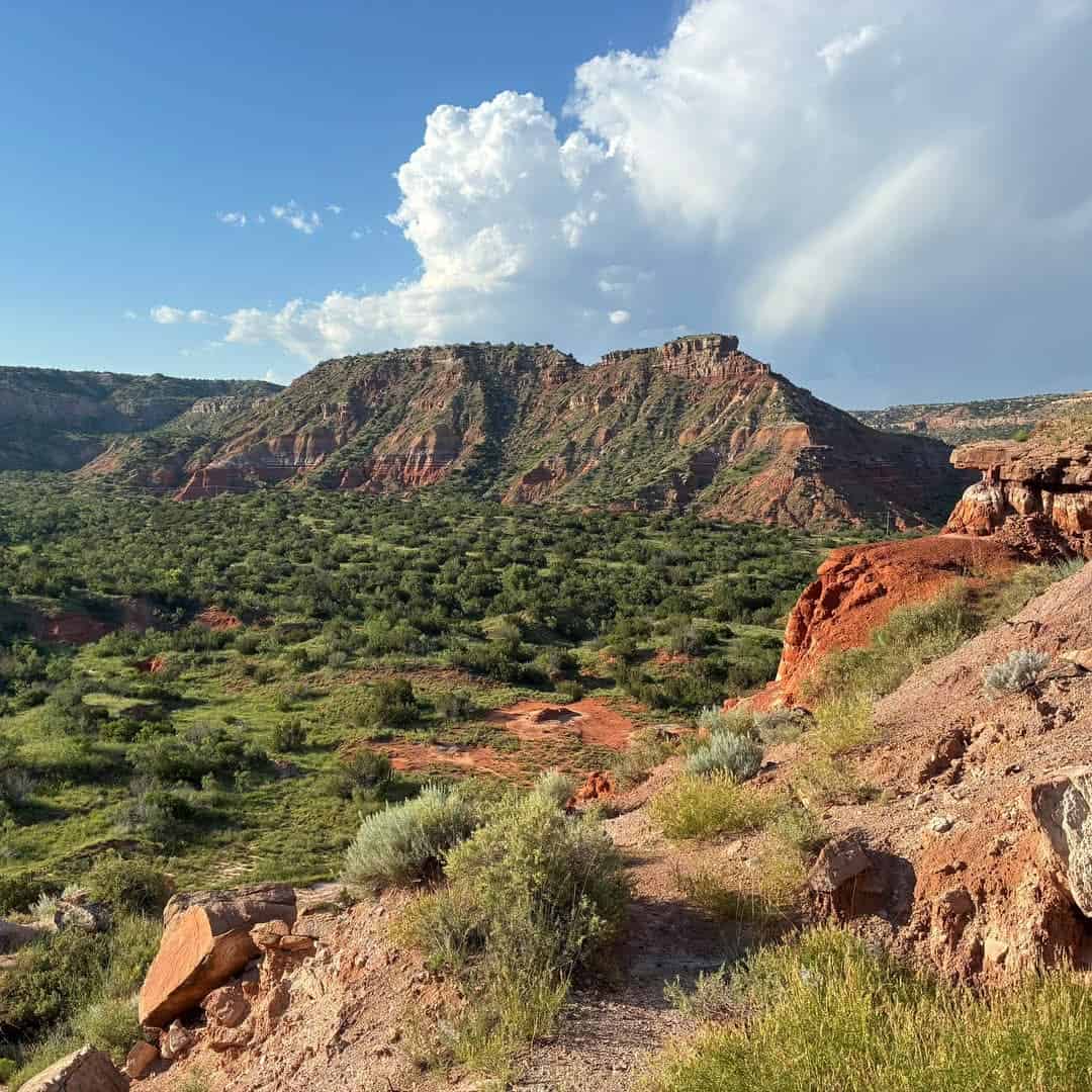Colorful canyon walls and mesa at Palo Duro Canyon State Park in the Texas Panhandle